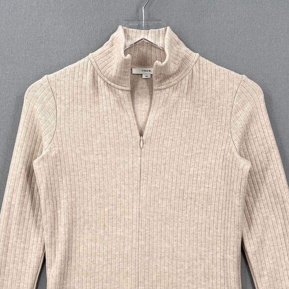 VINCE Ribbed Half Zip Turtleneck Long Sleeve Top Womens Small Tan Stretch Knit - Picture 5 of 16